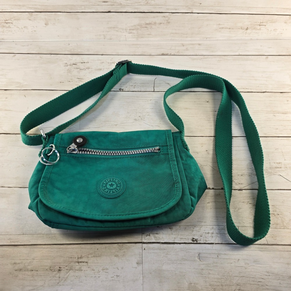 Kipling Green Crinkle Nylon Crossbody Bag Small Messenger Shoulder Bag